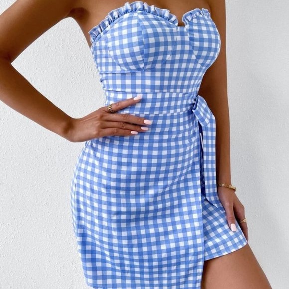 Plaid Gingham Print Frill Trim Knot Side Tube Dress blue - Picture 4 of 9